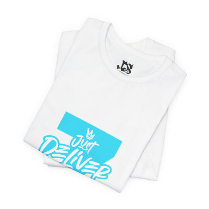 Just Deliver Success Light Blue That City 7 Summer Collection t-shirt folded with blue graphic design on a white background.