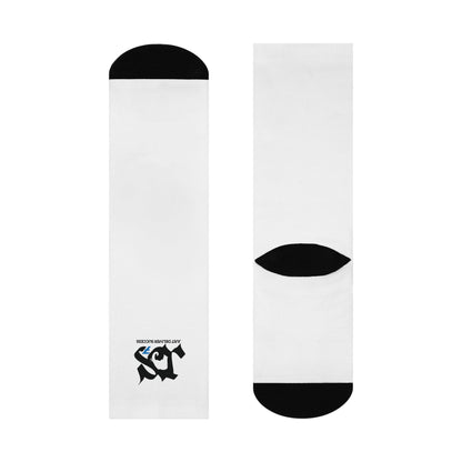 Just Delivers Success Cushioned Crew Socks in white with black accents and logo design