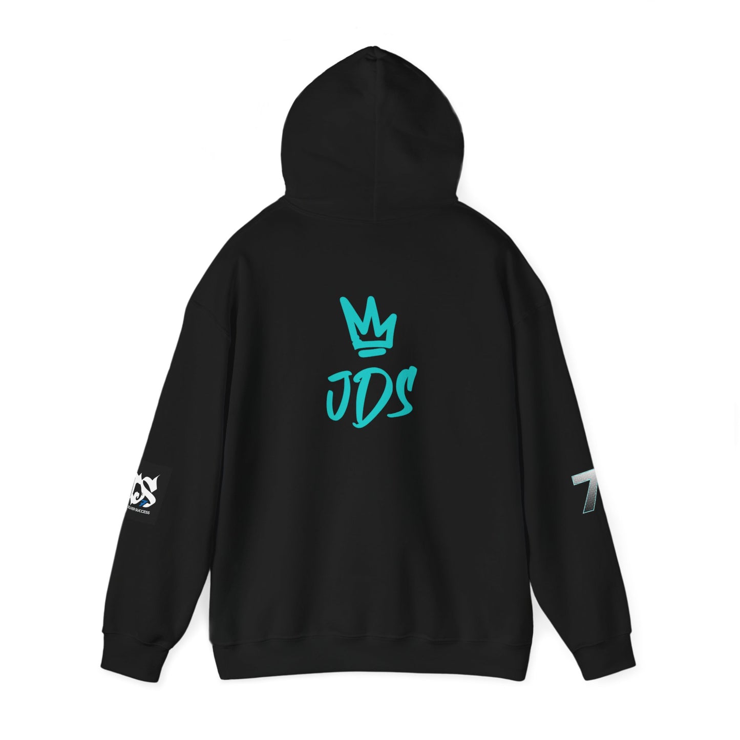 Unisex Just Deliver Success That City 7 Sweater black hoodie with turquoise logo on the back.