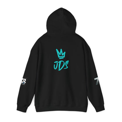 Unisex Just Deliver Success That City 7 Sweater black hoodie with turquoise logo on the back.