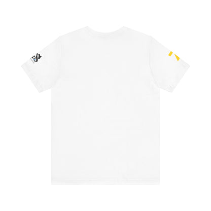 Back view of Just Deliver Success Gold That City 7 Summer Collection white t-shirt with yellow design on sleeves.