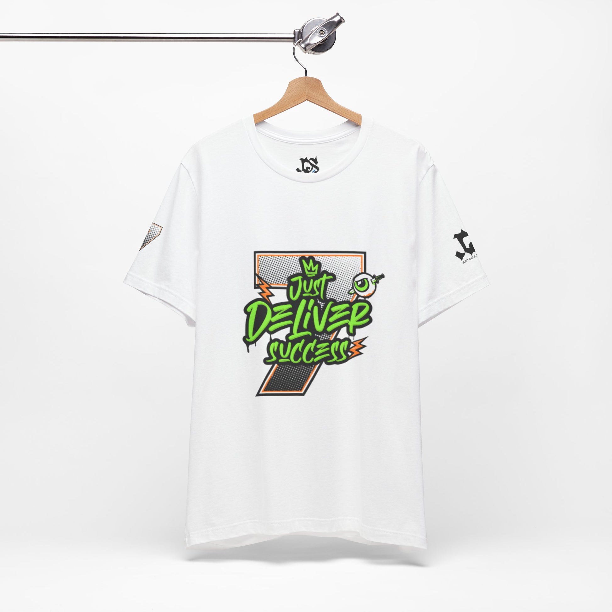 Just Deliver Success Da Desert That City 7 Summer Collection white t-shirt featuring a vibrant graphic design.