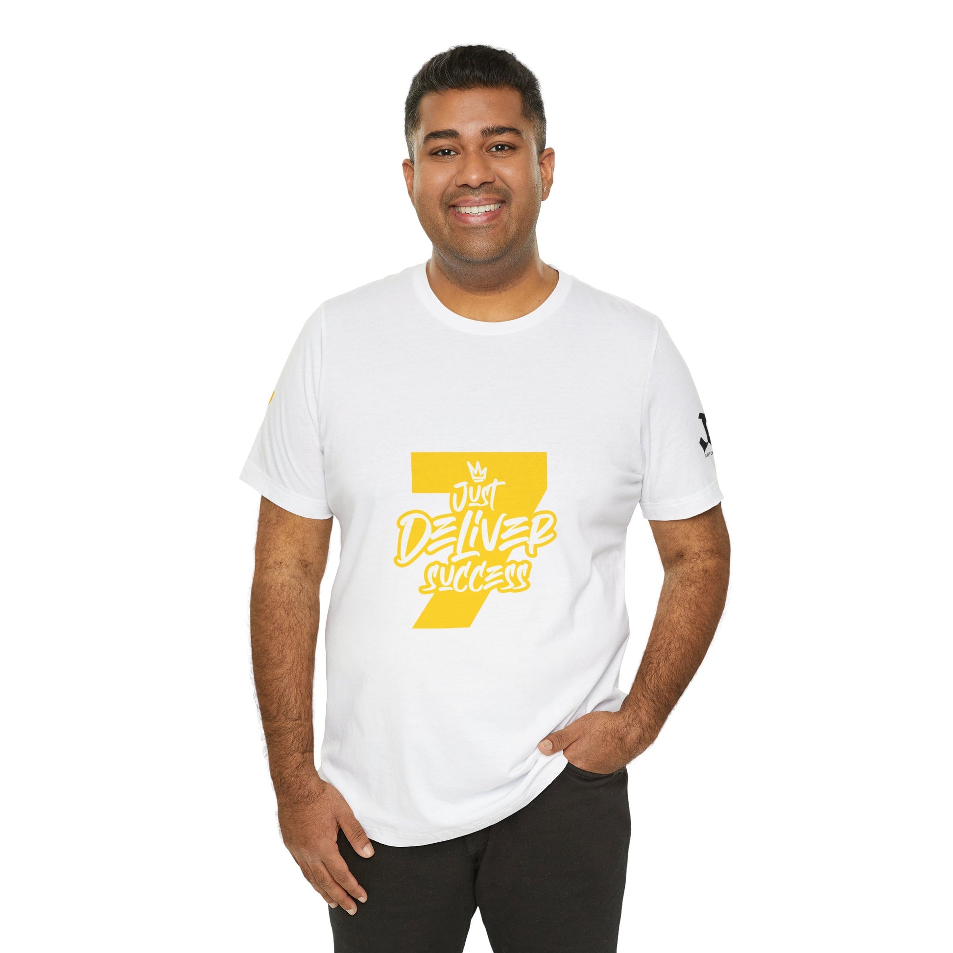 Just Deliver Success Gold That City 7 Summer Collection white t-shirt model smiling