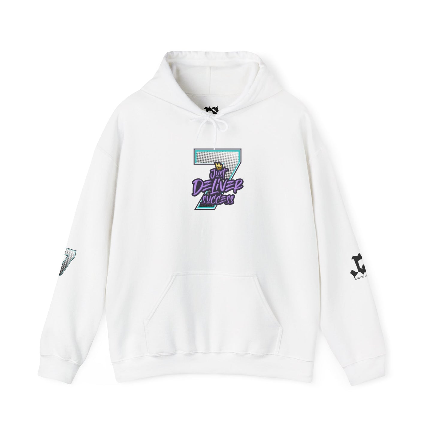 Unisex Just Deliver Success That City 7 Sweater in white with graphic design and hood.