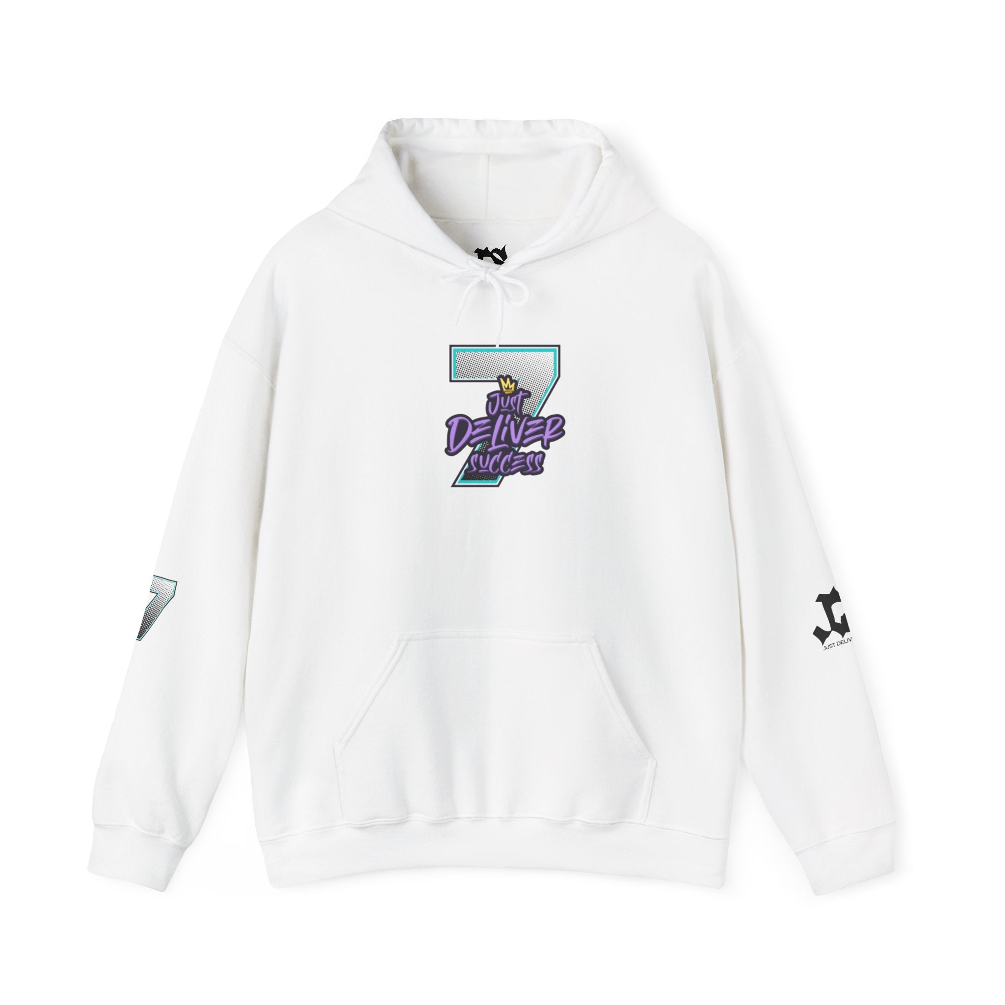 Unisex Just Deliver Success That City 7 Sweater in white with graphic design and hood.
