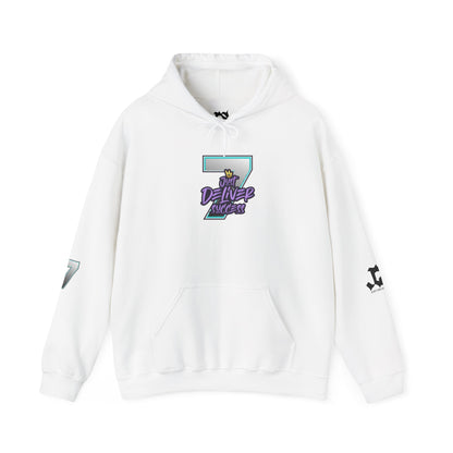 Unisex Just Deliver Success That City 7 Sweater in white with graphic design and hood.