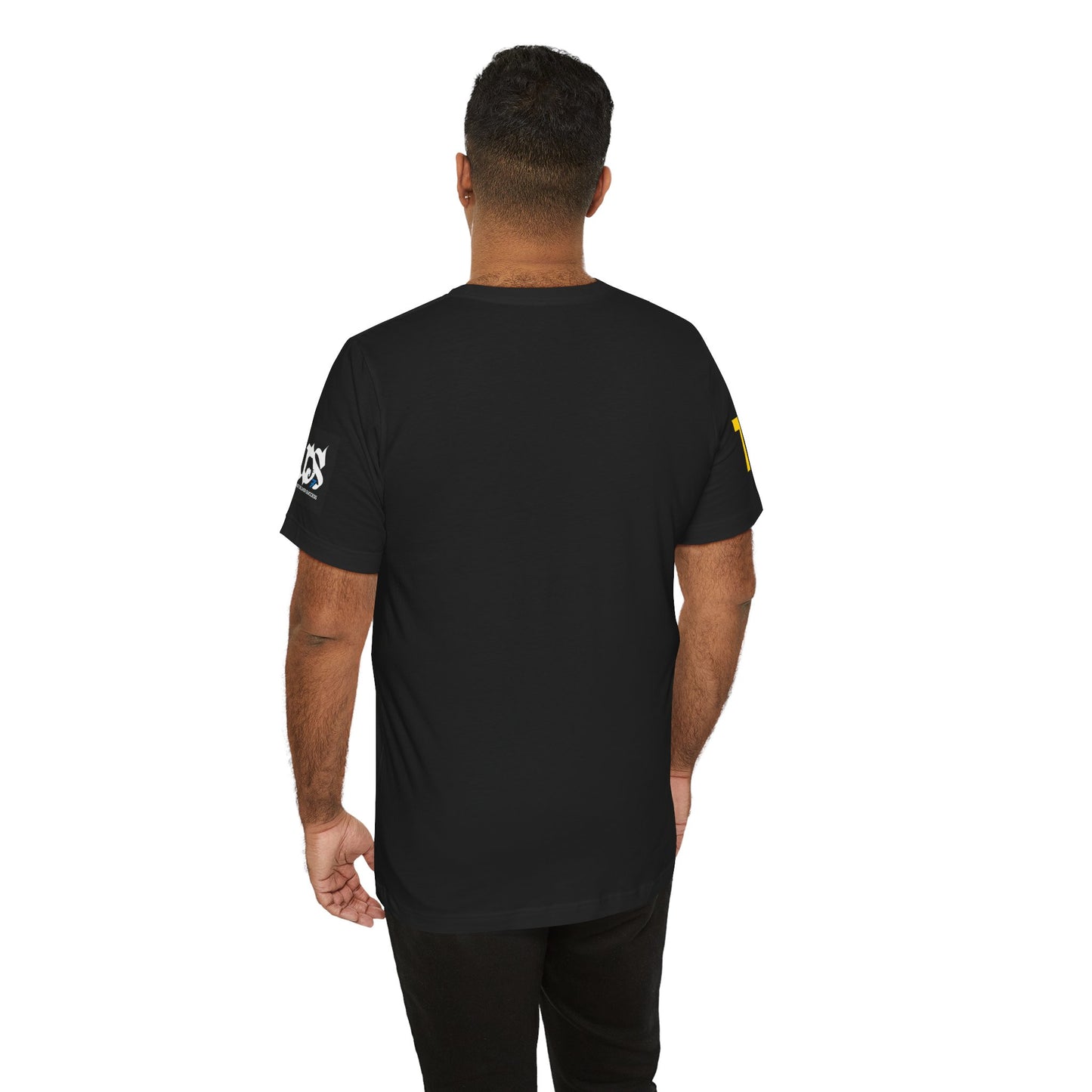 Back view of a man wearing the Just Deliver Success Gold That City 7 Summer Collection t-shirt.