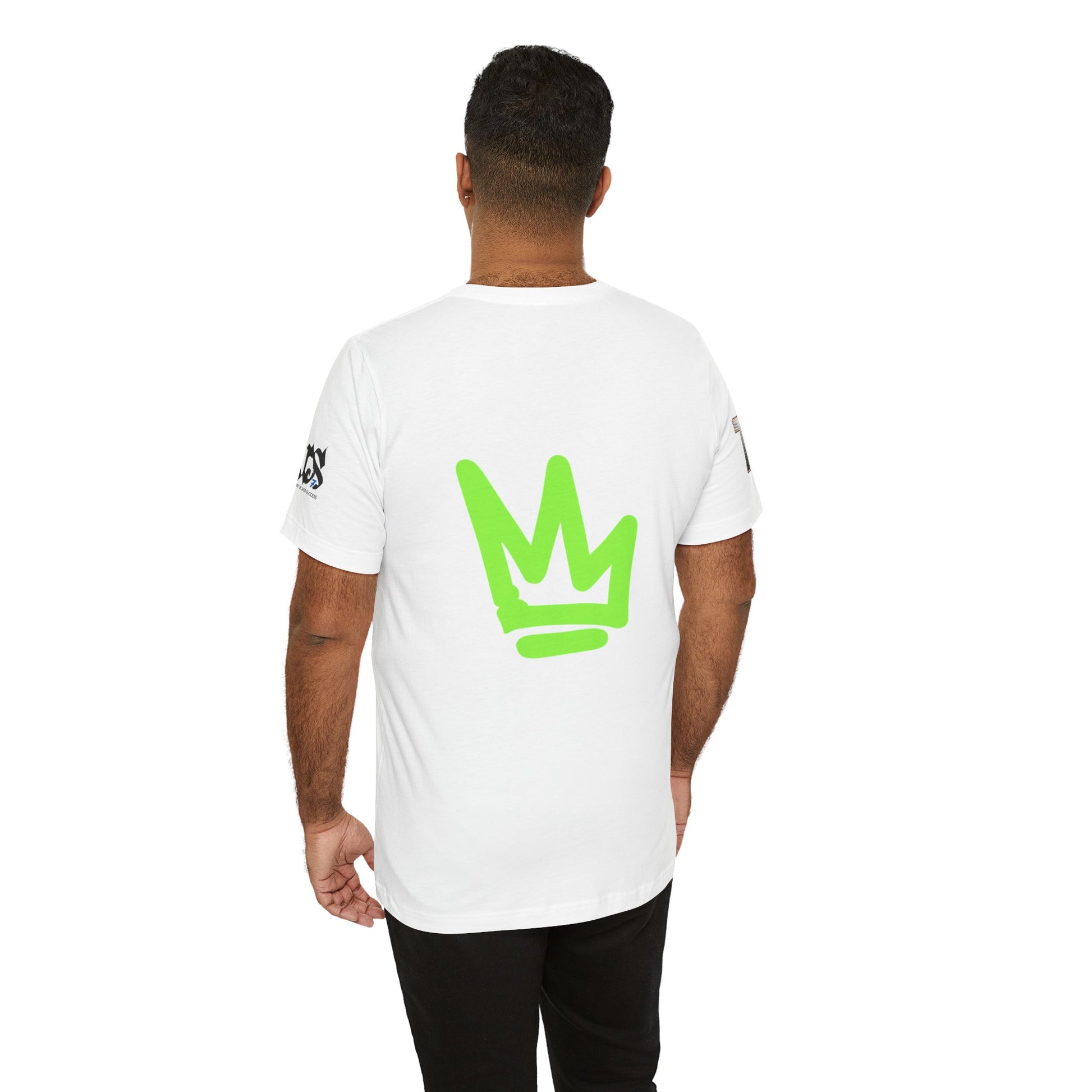 White t-shirt featuring a large green crown graphic on the back, part of the Just Deliver Success Da Desert That City 7 Summer Collection.