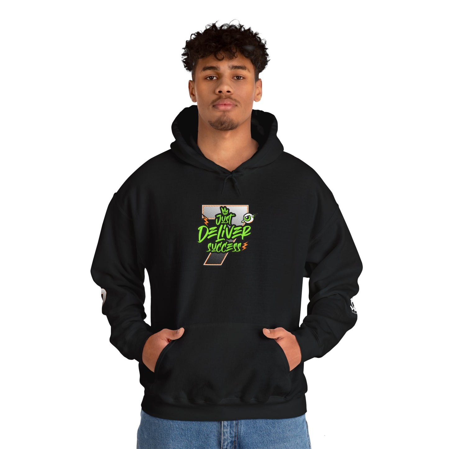 Unisex Hoodie - Just Deliver Success Da Desert Collection model wearing black hoodie with vibrant design