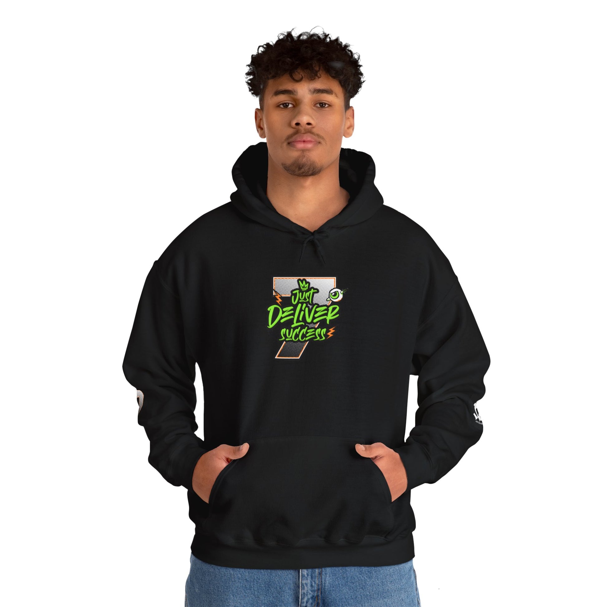 Unisex Hoodie - Just Deliver Success Da Desert Collection model wearing black hoodie with vibrant design