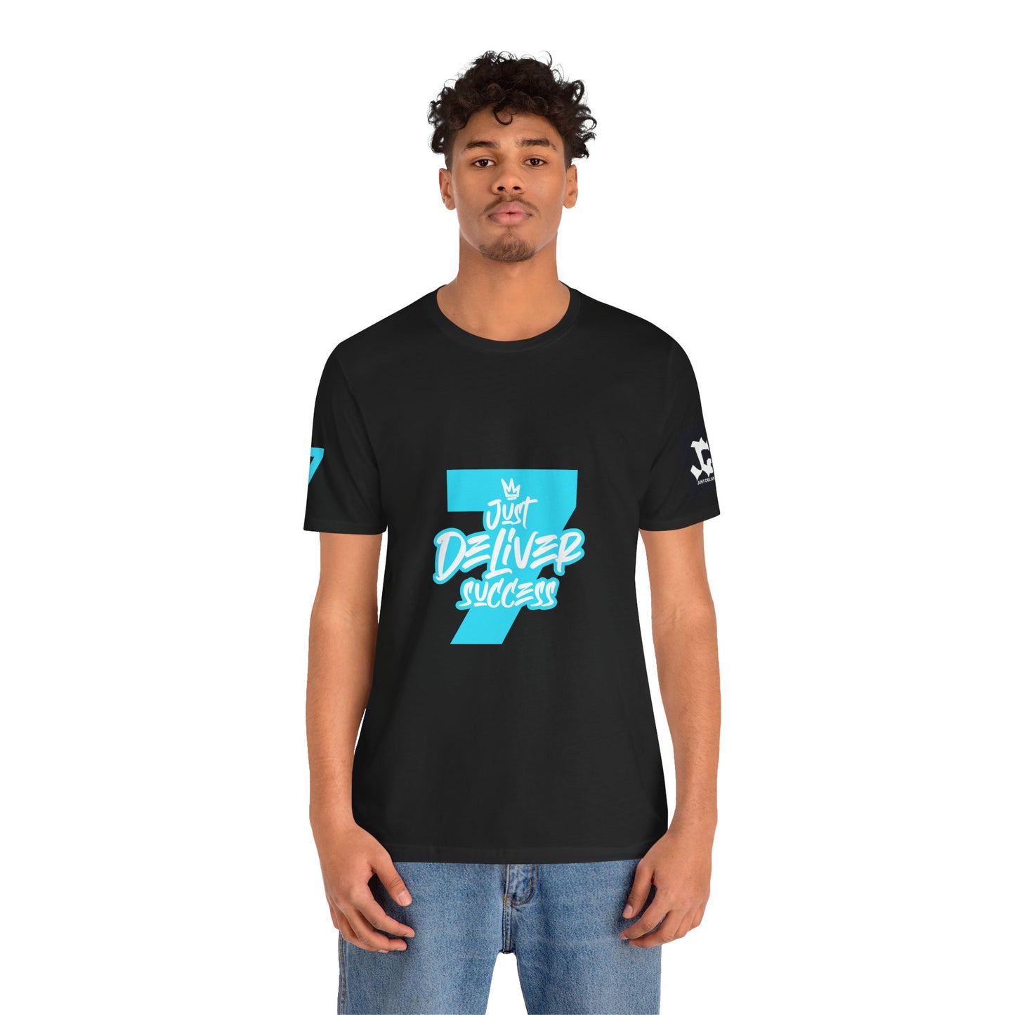 Just Deliver Success Light Blue That City 7 Summer Collection graphic t-shirt model wearing black shirt