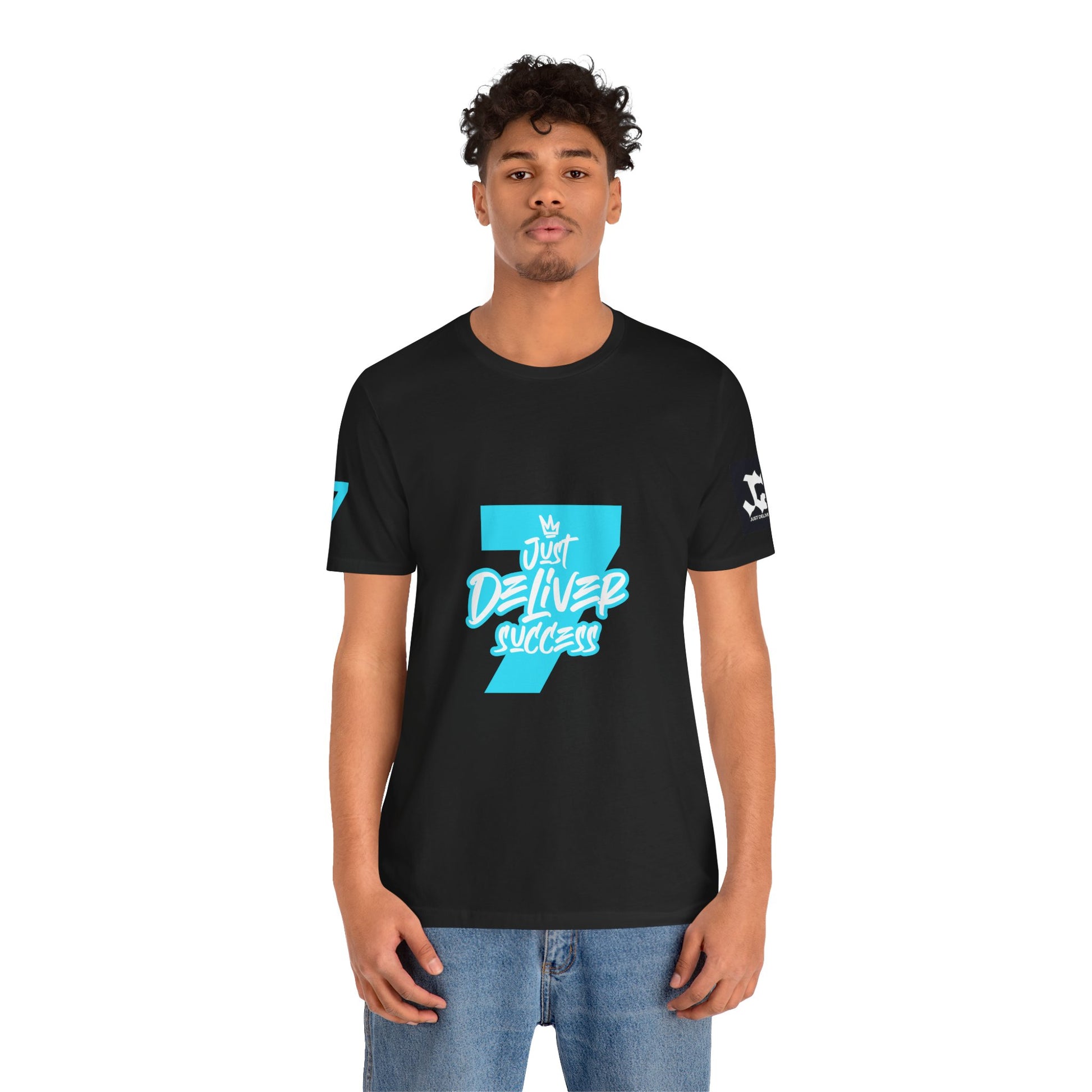 Just Deliver Success Light Blue That City 7 Summer Collection graphic t-shirt model wearing black shirt