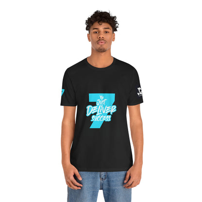 Just Deliver Success Light Blue That City 7 Summer Collection graphic t-shirt model wearing black shirt
