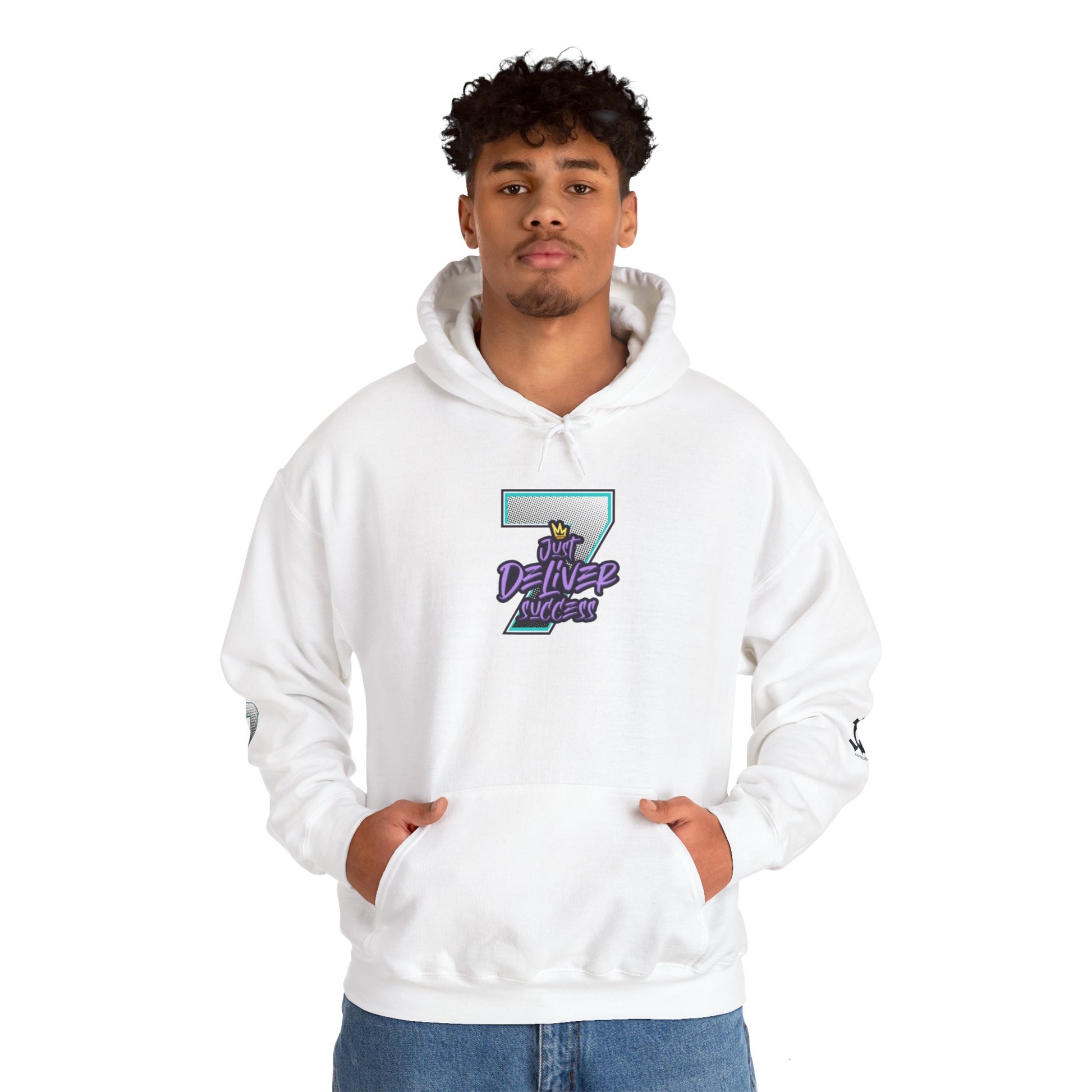 Unisex Just Deliver Success That City 7 Sweater in white worn by a model, featuring a graphic design on the front.