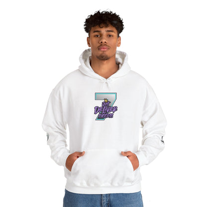 Unisex Just Deliver Success That City 7 Sweater in white worn by a model, featuring a graphic design on the front.