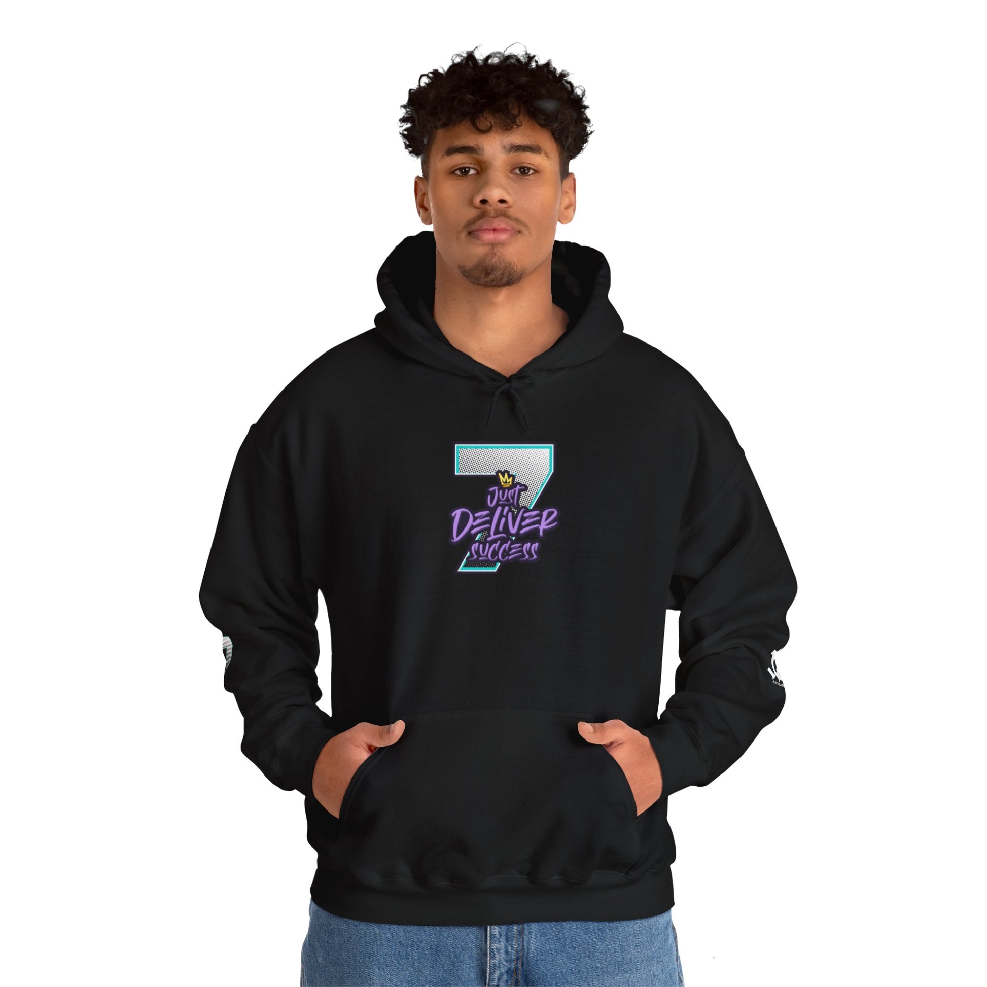 Unisex Just Deliver Success That City 7 Sweater displayed on a model, featuring a black design and vibrant text.