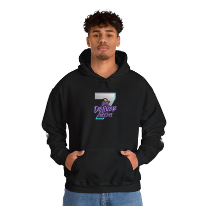 Unisex Just Deliver Success That City 7 Sweater displayed on a model, featuring a black design and vibrant text.