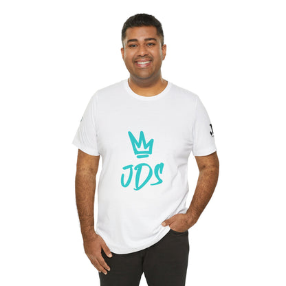 Model wearing Just Deliver Success Blue Combo That City 7 Summer Collection t-shirt with JDS logo.