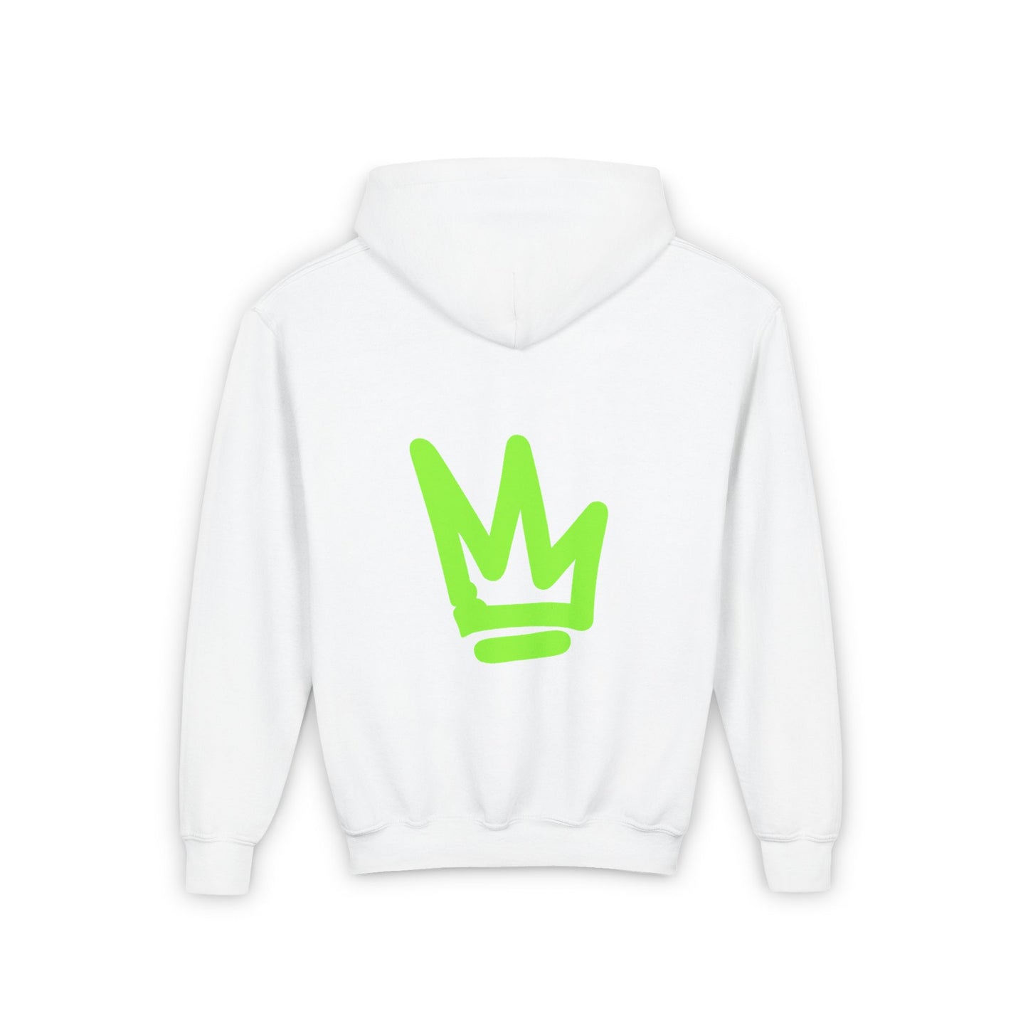 Youth Hooded Sweatshirt - Da Desert Collection back design in white with a green crown logo.