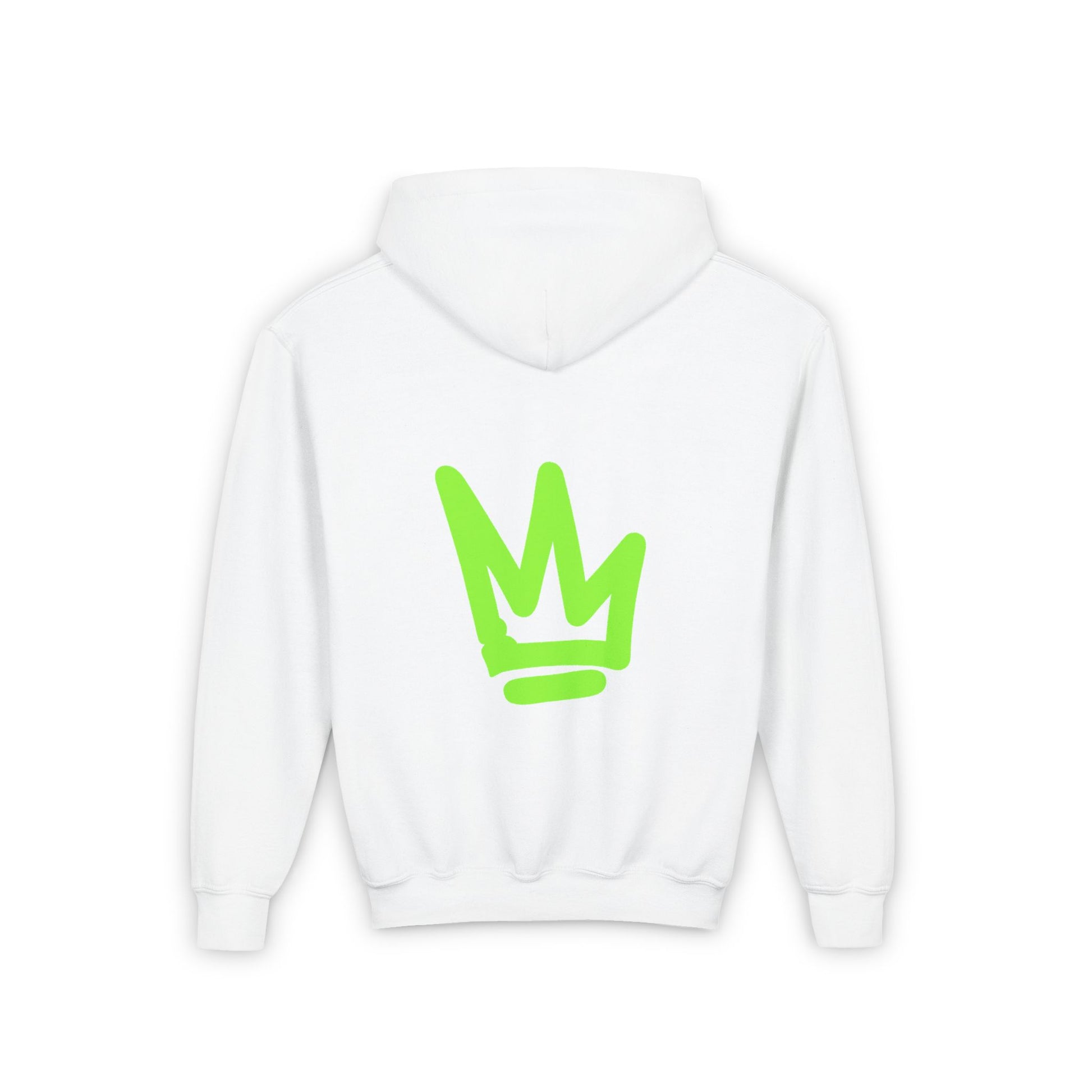 Youth Hooded Sweatshirt - Da Desert Collection back design in white with a green crown logo.