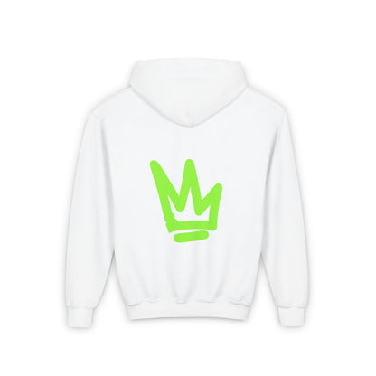 Youth Hooded Sweatshirt - Da Desert Collection back design in white with a green crown logo.