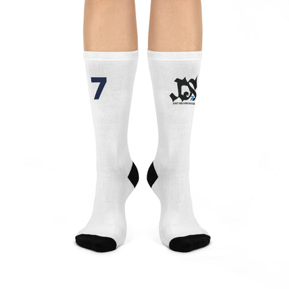 Just Delivers Success Cushioned Crew Socks displayed on feet with logo and number 7.