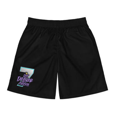 Just Deliver Success That City 7 Shorts featuring a vibrant design on black fabric, showcasing the brand logo.