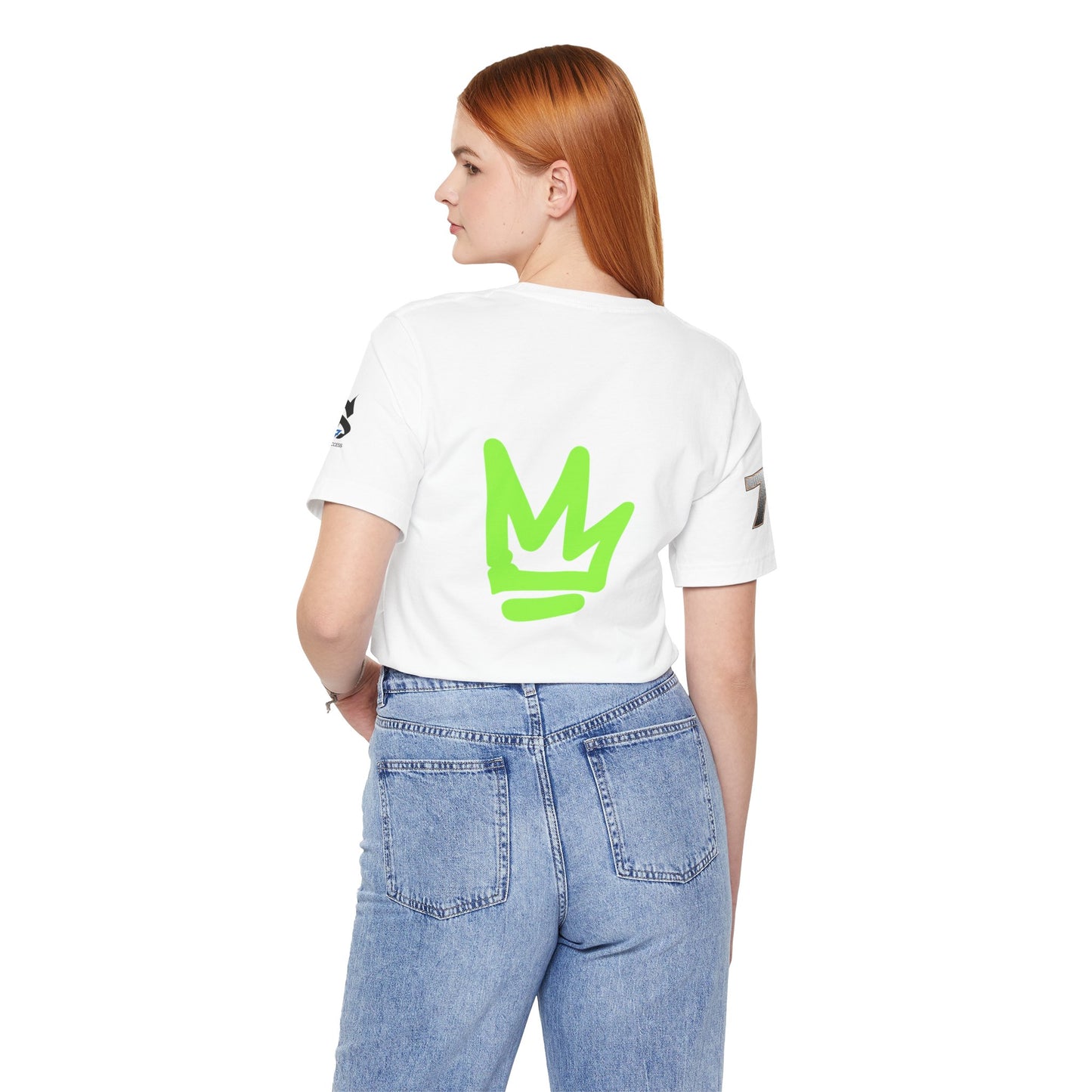 Model showcasing the back design of the Just Deliver Success Da Desert That City 7 Summer Collection tee in white.