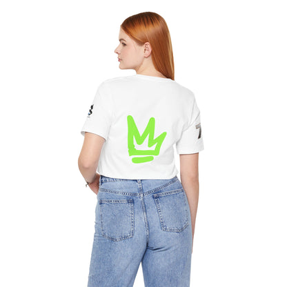 Model showcasing the back design of the Just Deliver Success Da Desert That City 7 Summer Collection tee in white.