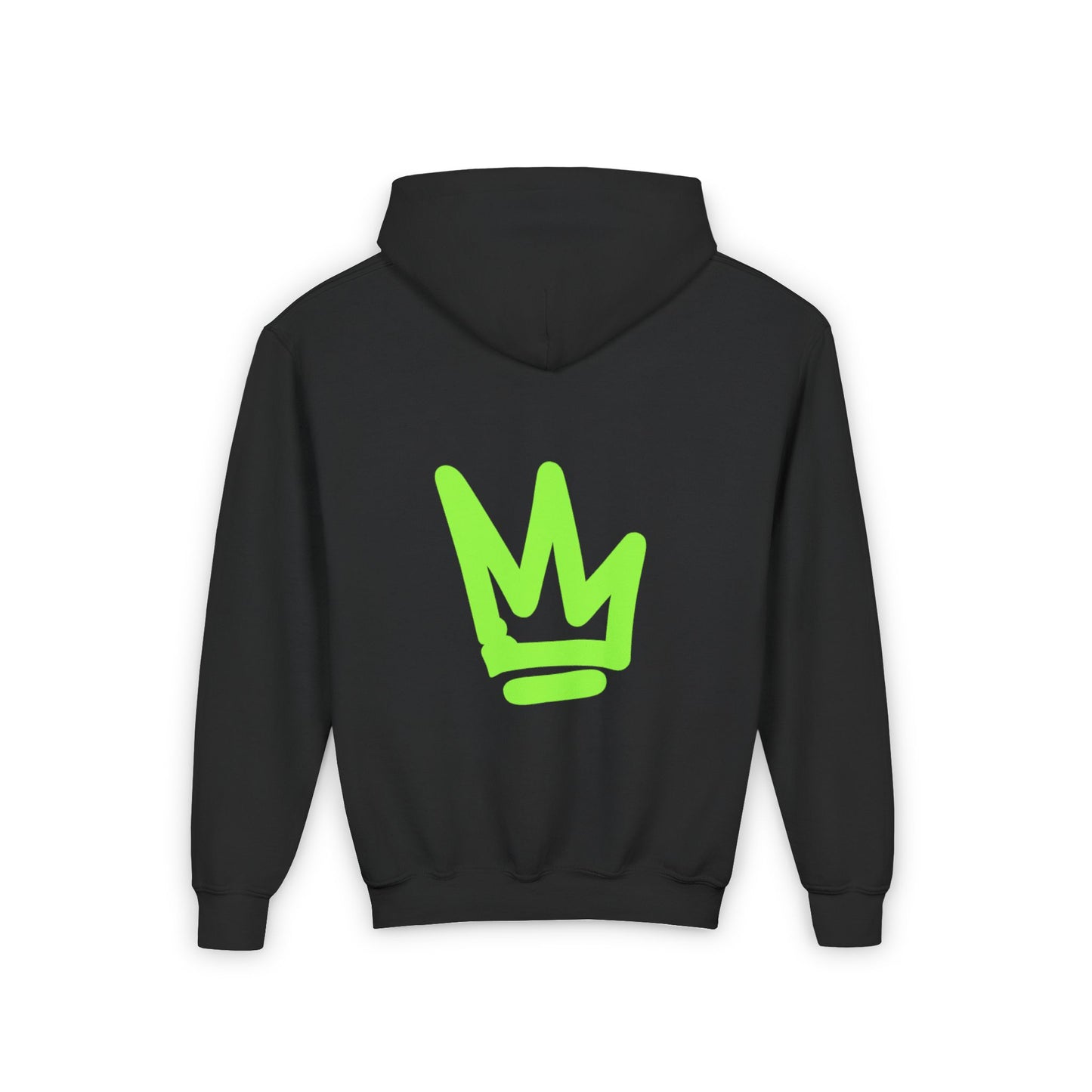 Youth Hooded Sweatshirt - Da Desert Collection, back view showcasing neon green crown logo on a black hoodie.