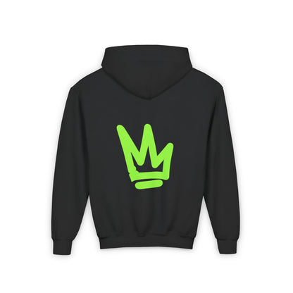 Youth Hooded Sweatshirt - Da Desert Collection, back view showcasing neon green crown logo on a black hoodie.