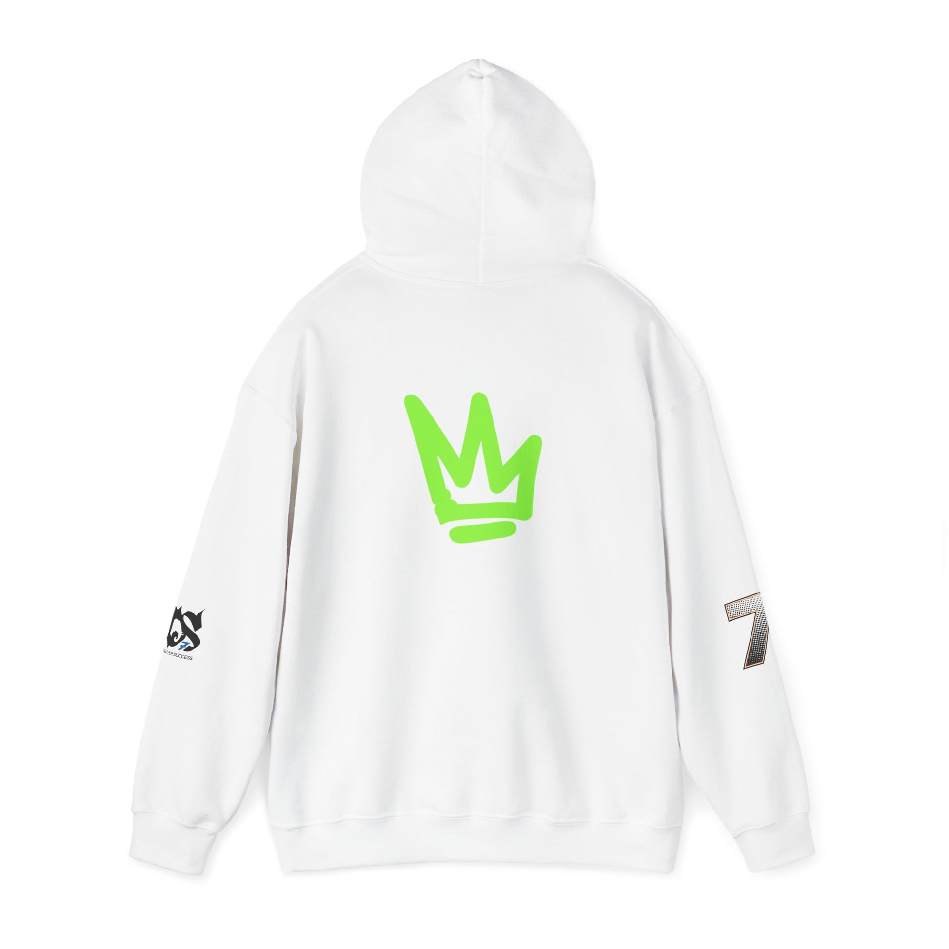 Unisex Hoodie - Just Deliver Success Da Desert Collection back view with green crown logo on white fabric