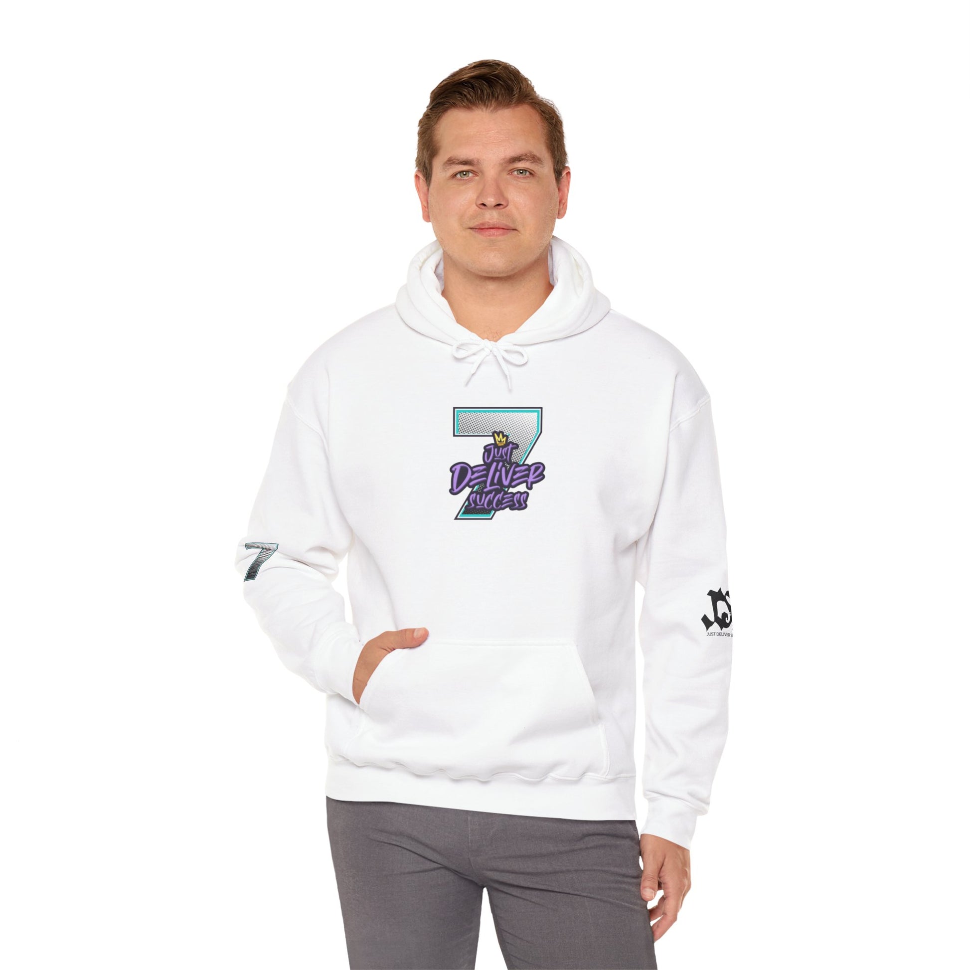 Unisex Just Deliver Success That City 7 Sweater displayed on a model wearing a white hoodie with graphic design.