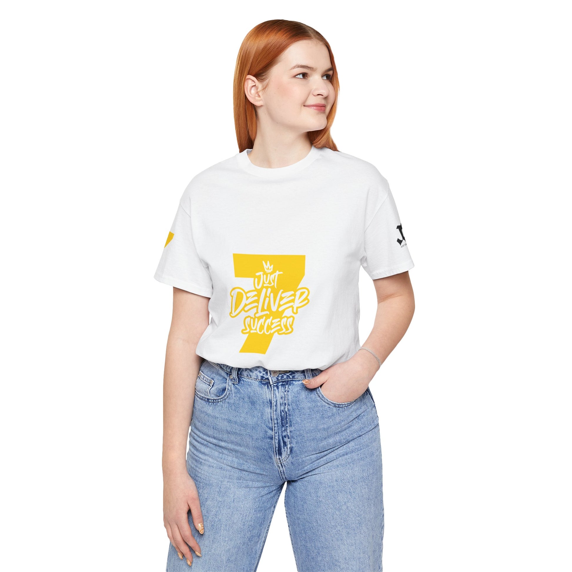 Just Deliver Success Gold That City 7 Summer Collection white t-shirt model wearing casual denim jeans.