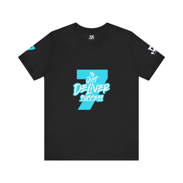 Just Deliver Success Light Blue That City 7 Summer Collection black t-shirt with bold turquoise lettering