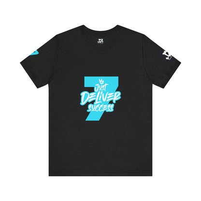 Just Deliver Success Light Blue That City 7 Summer Collection black t-shirt with bold turquoise lettering