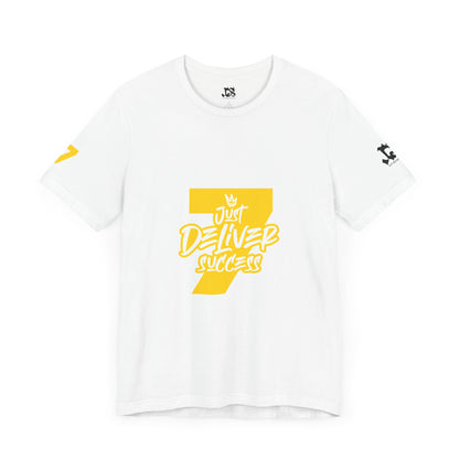 Just Deliver Success Gold That City 7 Summer Collection white t-shirt with yellow design and number 7.