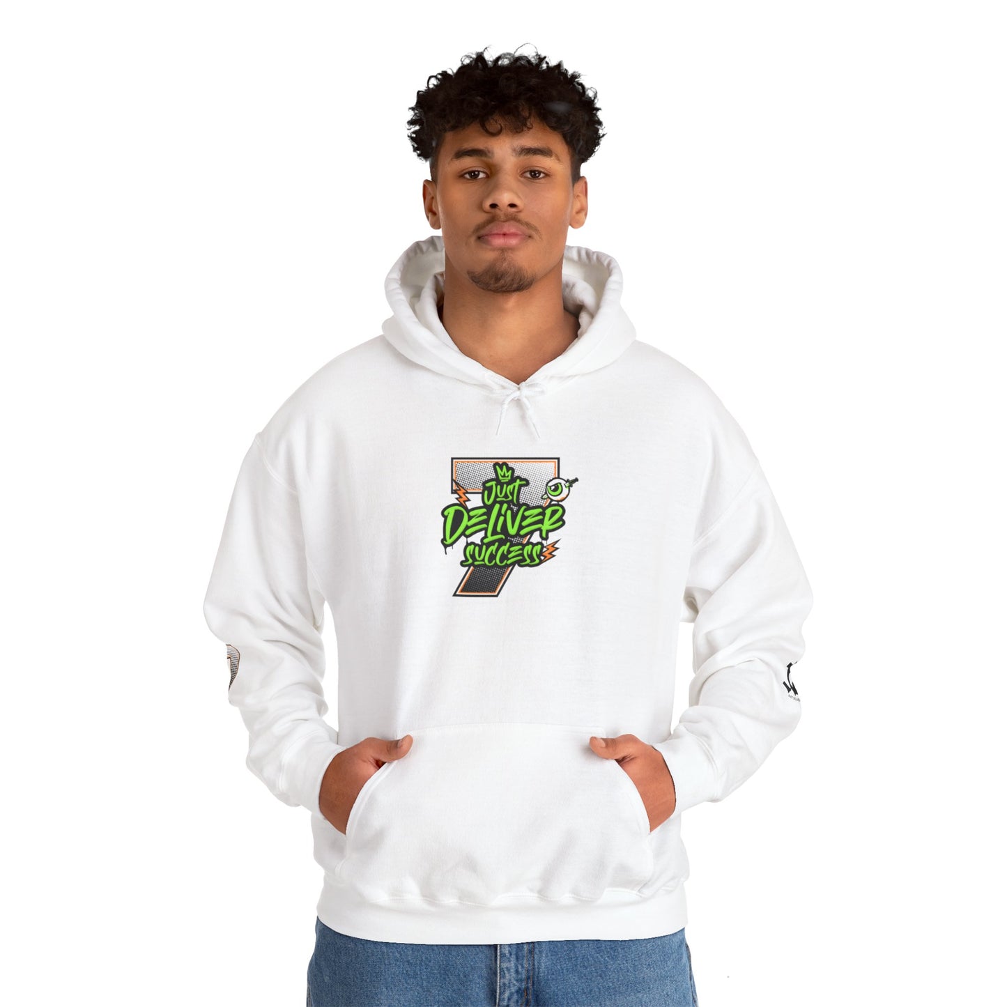 Unisex Hoodie - Just Deliver Success Da Desert Collection worn by a model in white with graphic details.