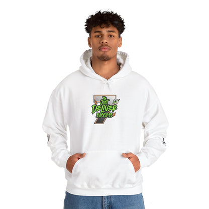 Unisex Hoodie - Just Deliver Success Da Desert Collection worn by a model in white with graphic details.