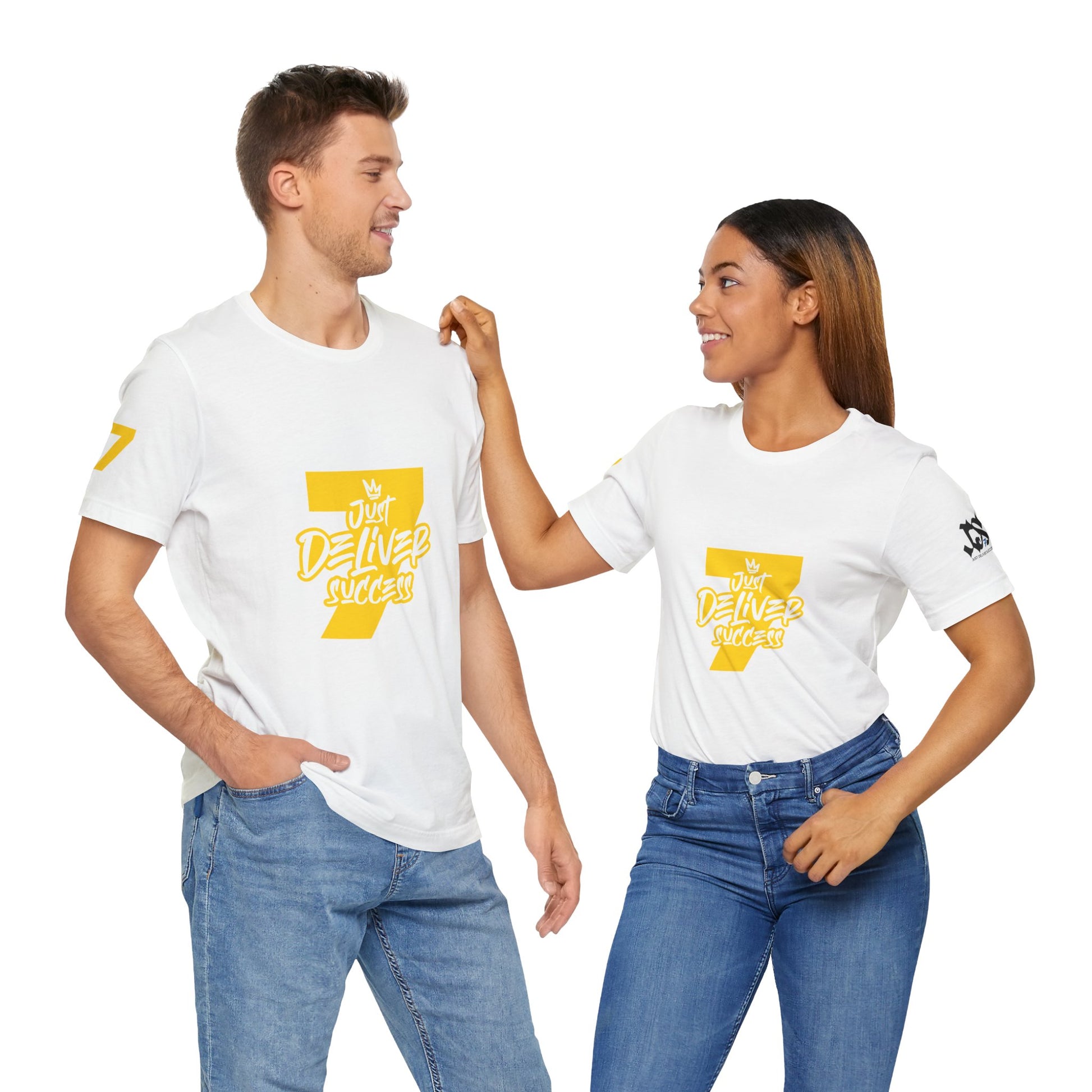 Just Deliver Success Gold That City 7 Summer Collection featuring a couple wearing matching t-shirts with a bold design.