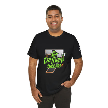 Man wearing a black t-shirt featuring the design 'Just Deliver Success Da Desert That City 7 Summer Collection'.