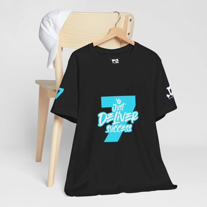 Just Deliver Success Light Blue That City 7 Summer Collection black t-shirt displayed on a wooden chair with a white cap.