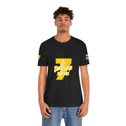 Just Deliver Success Gold That City 7 Summer Collection black T-shirt featuring bold yellow graphics