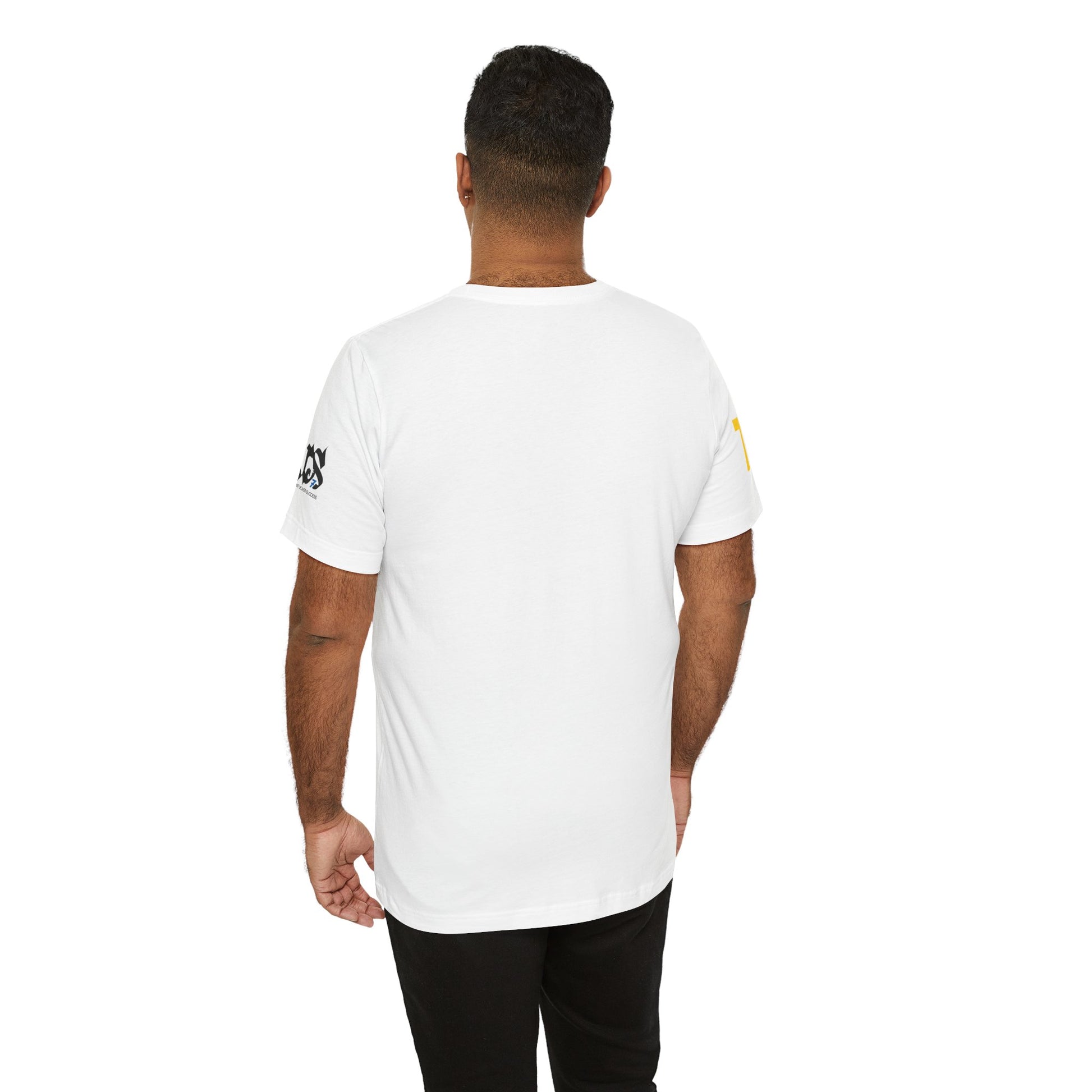 Back view of a man wearing a white t-shirt from the Just Deliver Success Gold That City 7 Summer Collection.