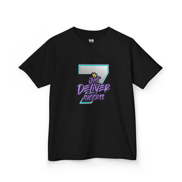 Kids Da Desert Blue Just Deliver Success Tee featuring a bold graphic design on a black t-shirt.
