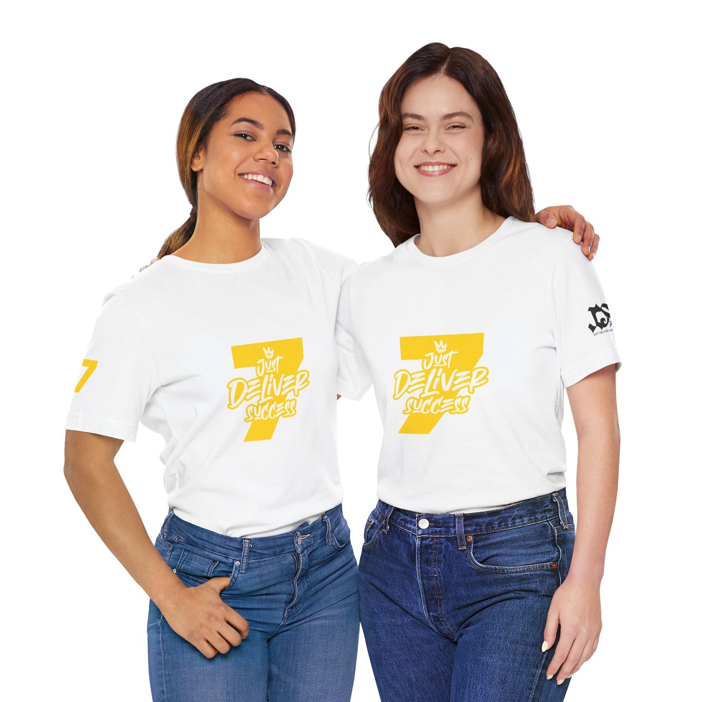 Women wearing Just Deliver Success Gold That City 7 Summer Collection t-shirts in white with bold yellow lettering.