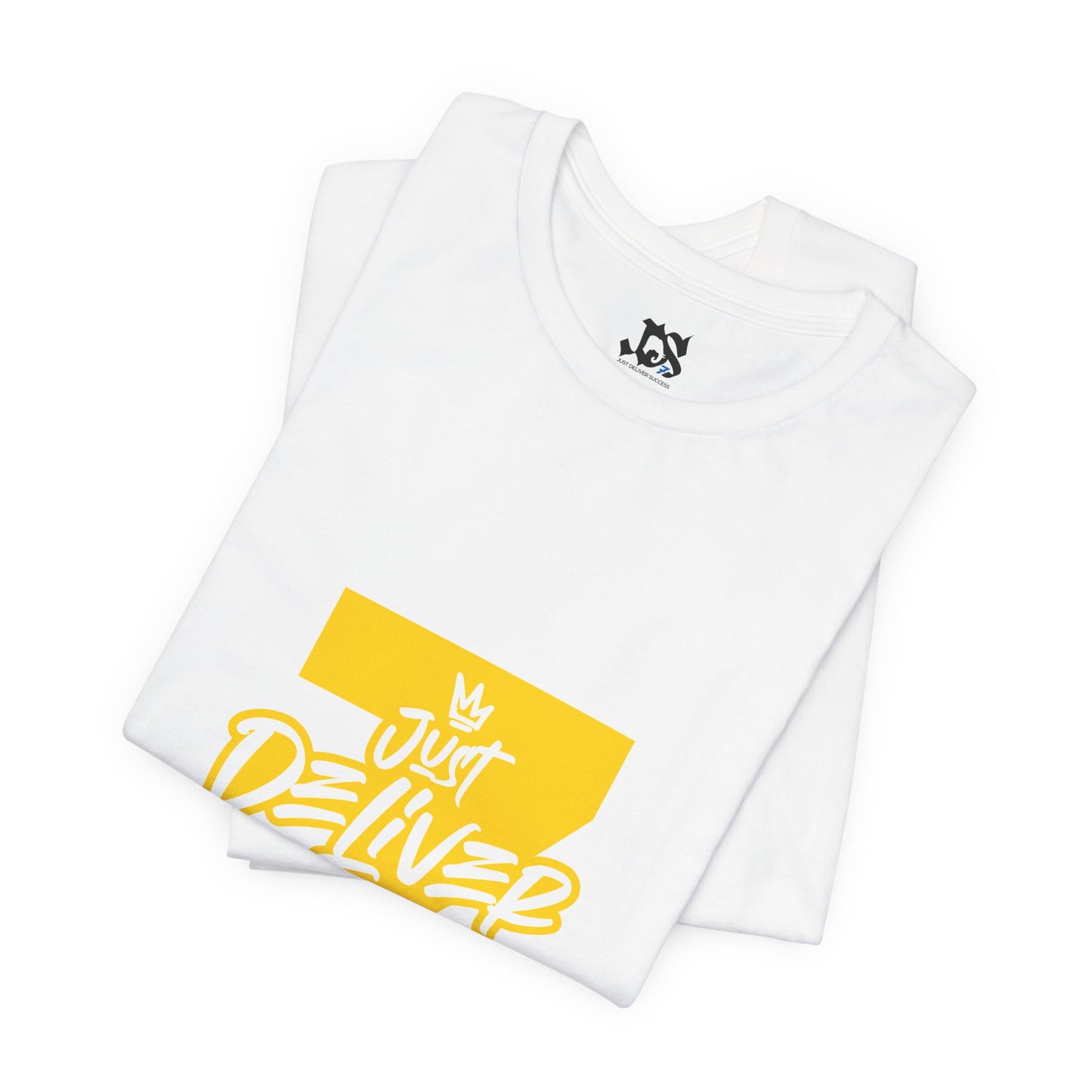 Just Deliver Success Gold That City 7 Summer Collection white t-shirt with yellow graphic design.