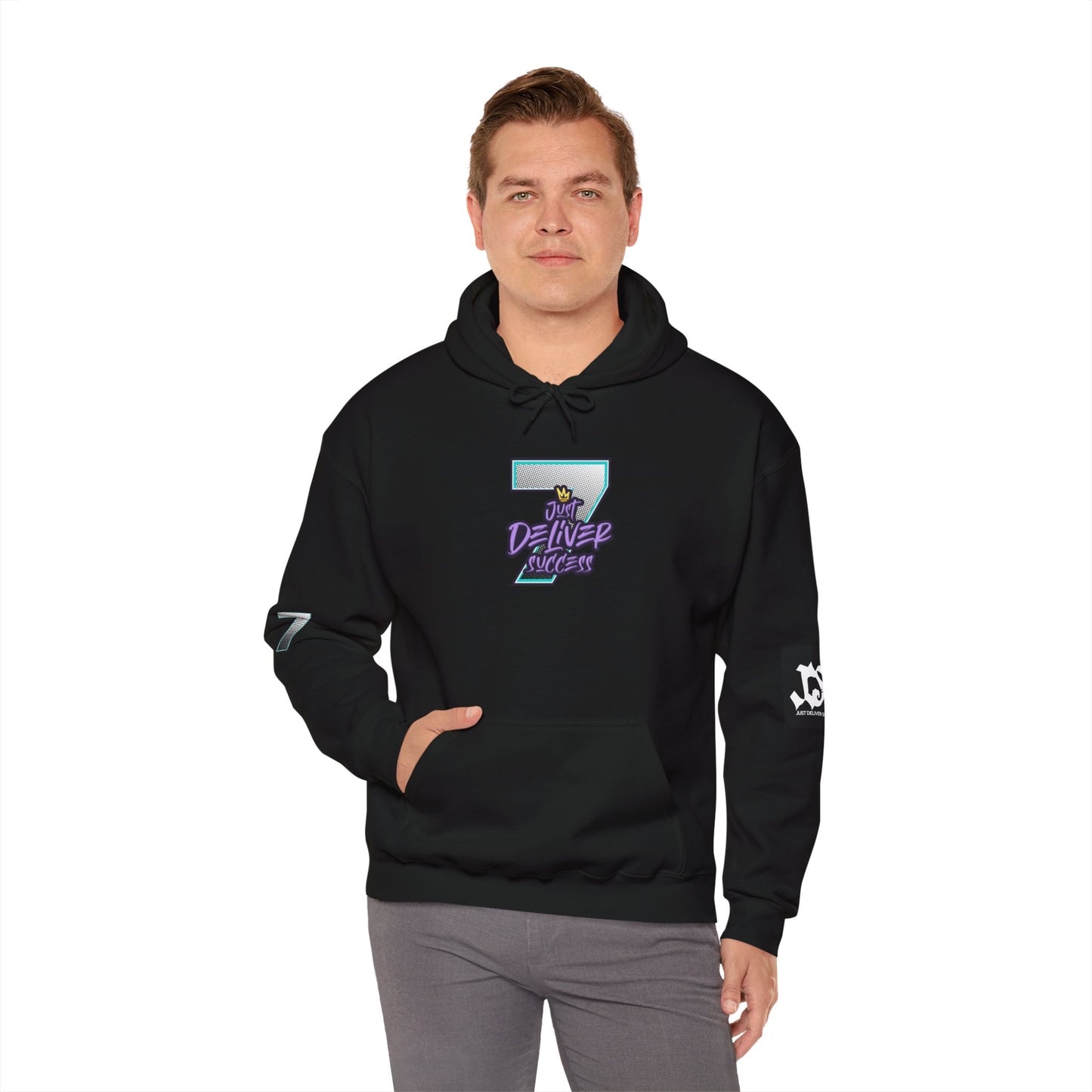 Unisex Just Deliver Success That City 7 Sweater worn by a model, featuring a bold graphic design in black.