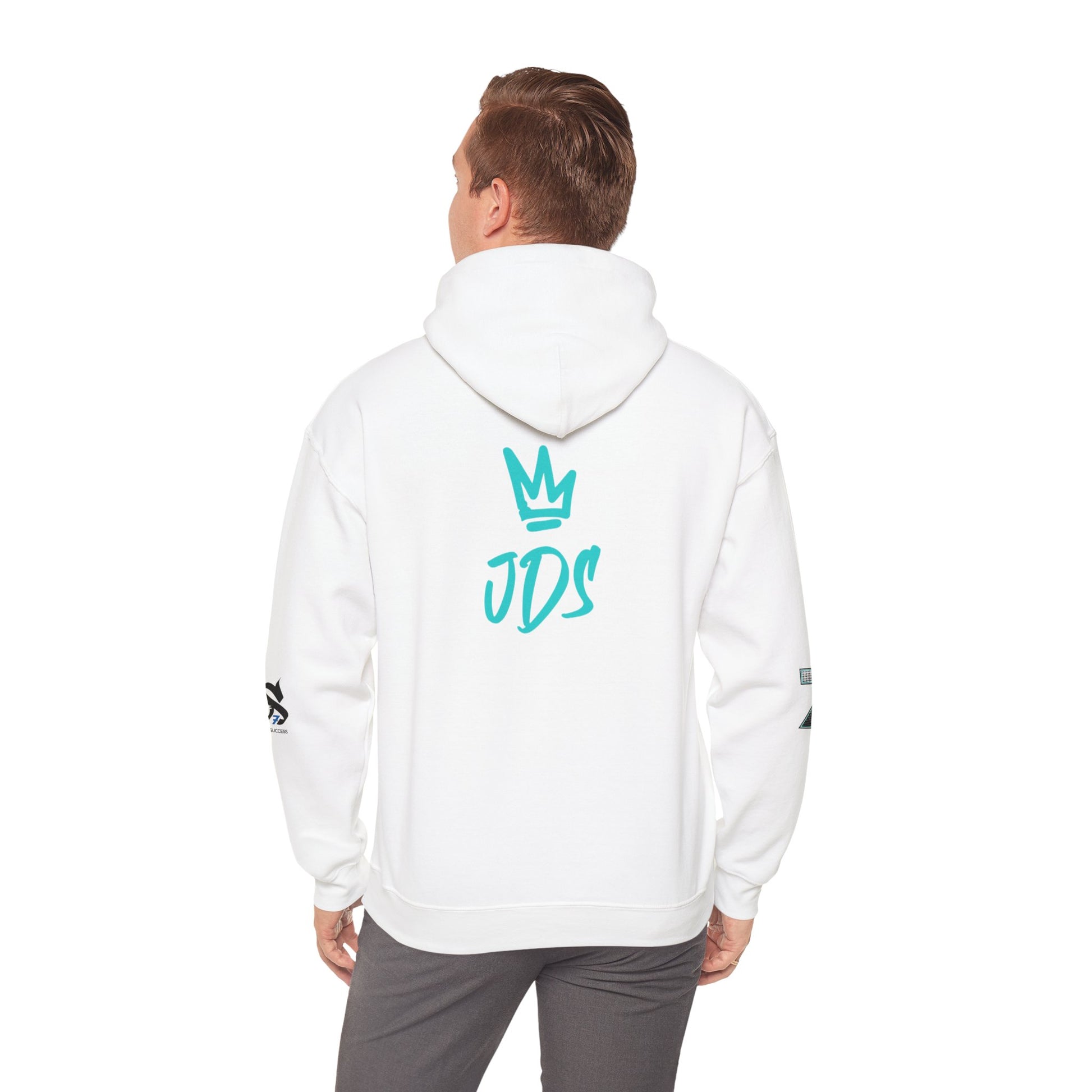 Unisex Just Deliver Success That City 7 Sweater featuring JDS logo on the back, model wearing white hoodie.