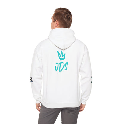 Unisex Just Deliver Success That City 7 Sweater featuring JDS logo on the back, model wearing white hoodie.